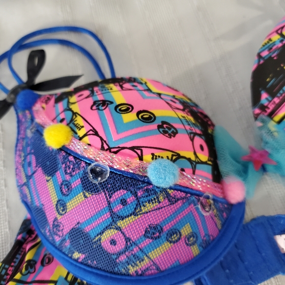 Native Intimates Rave Bra 36B /  Blue Pink Beads Boom radio Print Push Up bra - Picture 5 of 11